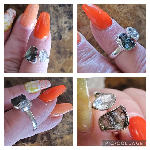 Genuine Czech Moldavite and Herkimer Diamond Ring Size 6 Adjustable - Picture 4 of 8